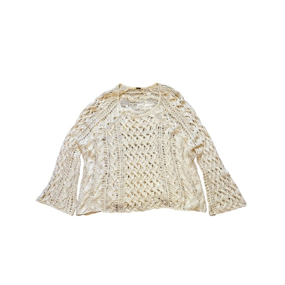Free People Cream Cable Knit Sweater Ivory Boho Bell Sleeve Scoop Neck - Picture 2 of 10